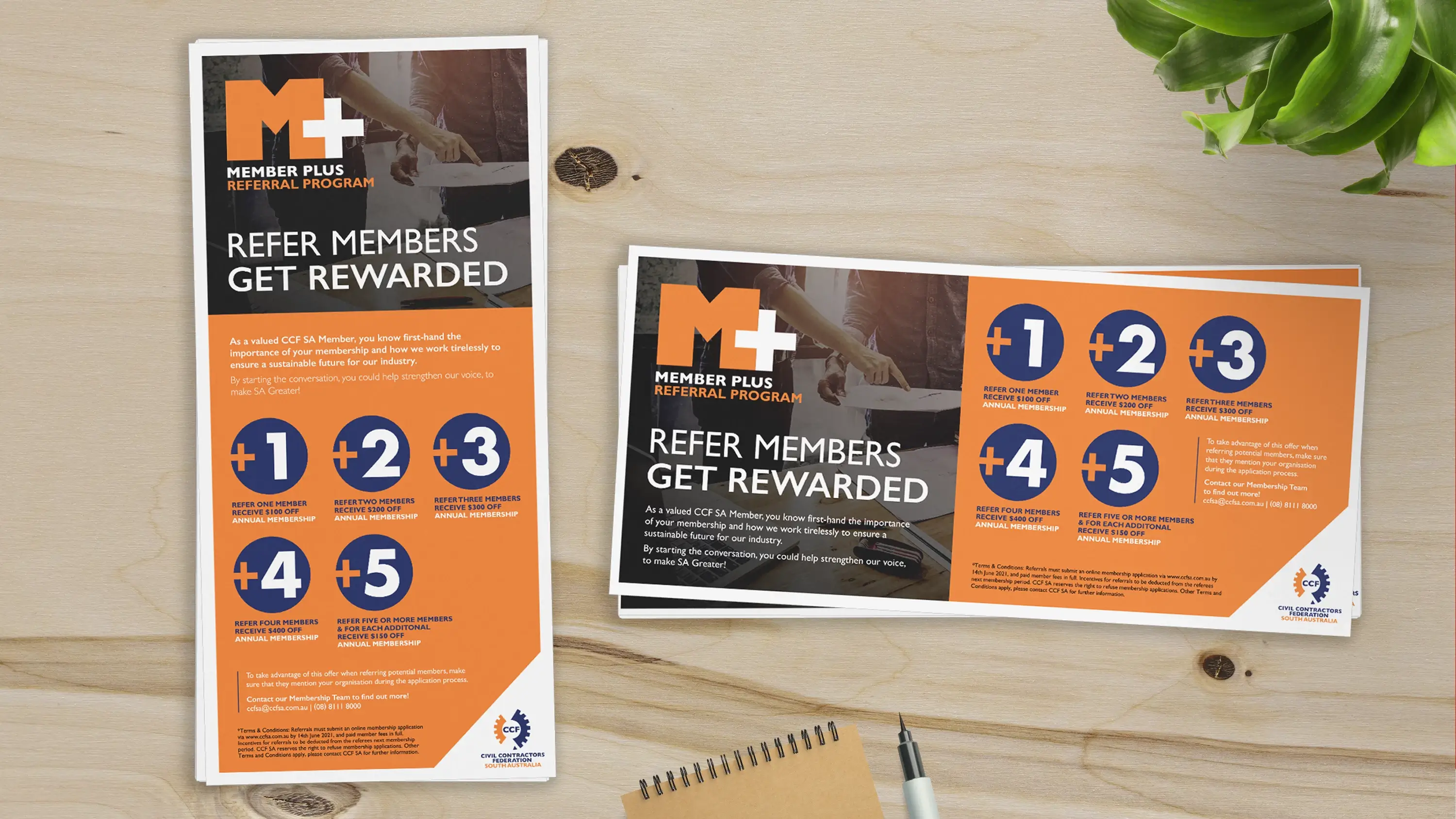 Two DL brochures – landscape and portrait versions of the same flyer, for the Member Plus referral plan.