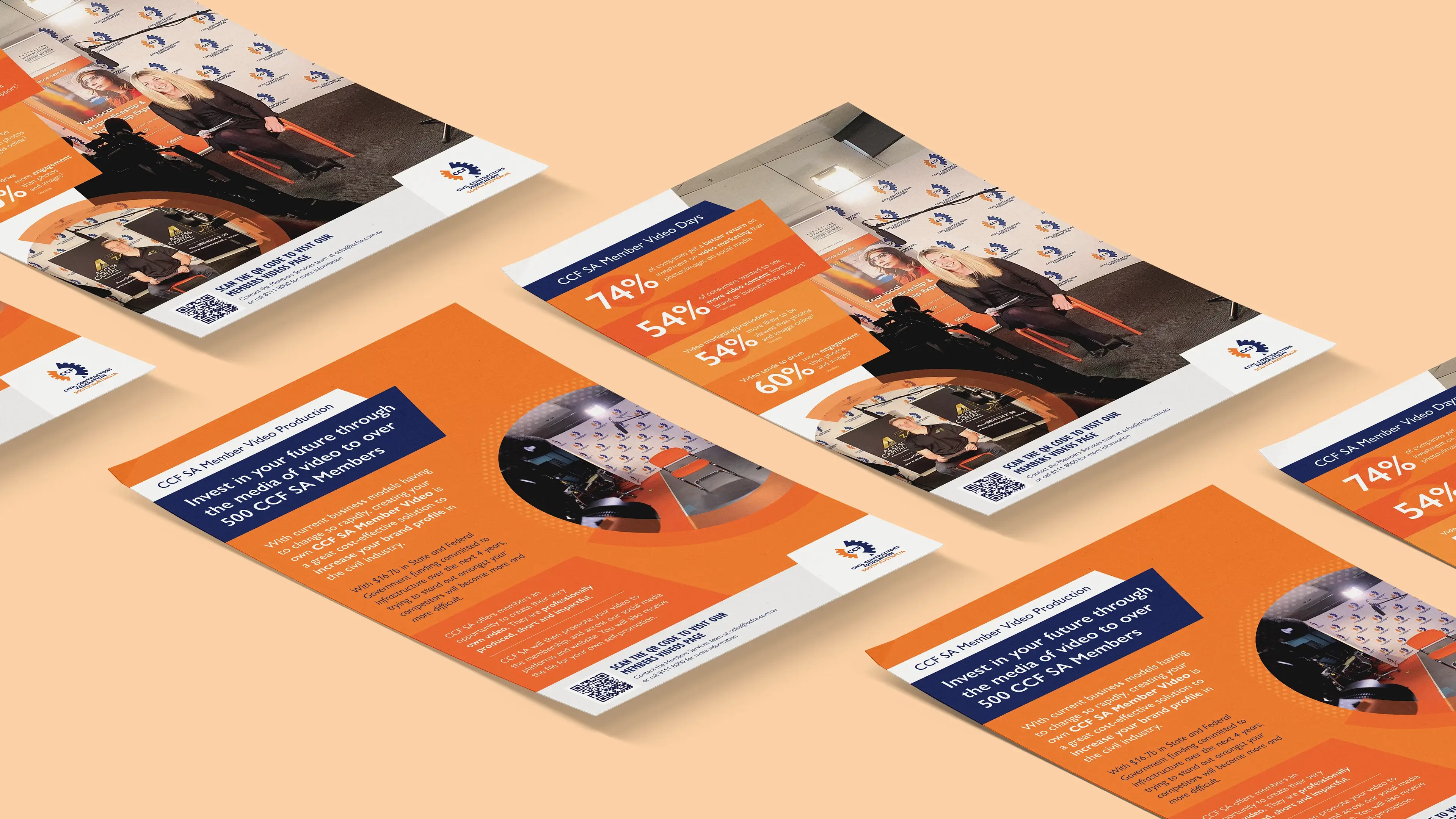 A4 double sided flyer with bold orange and blue graphics for a Members Video Day event.