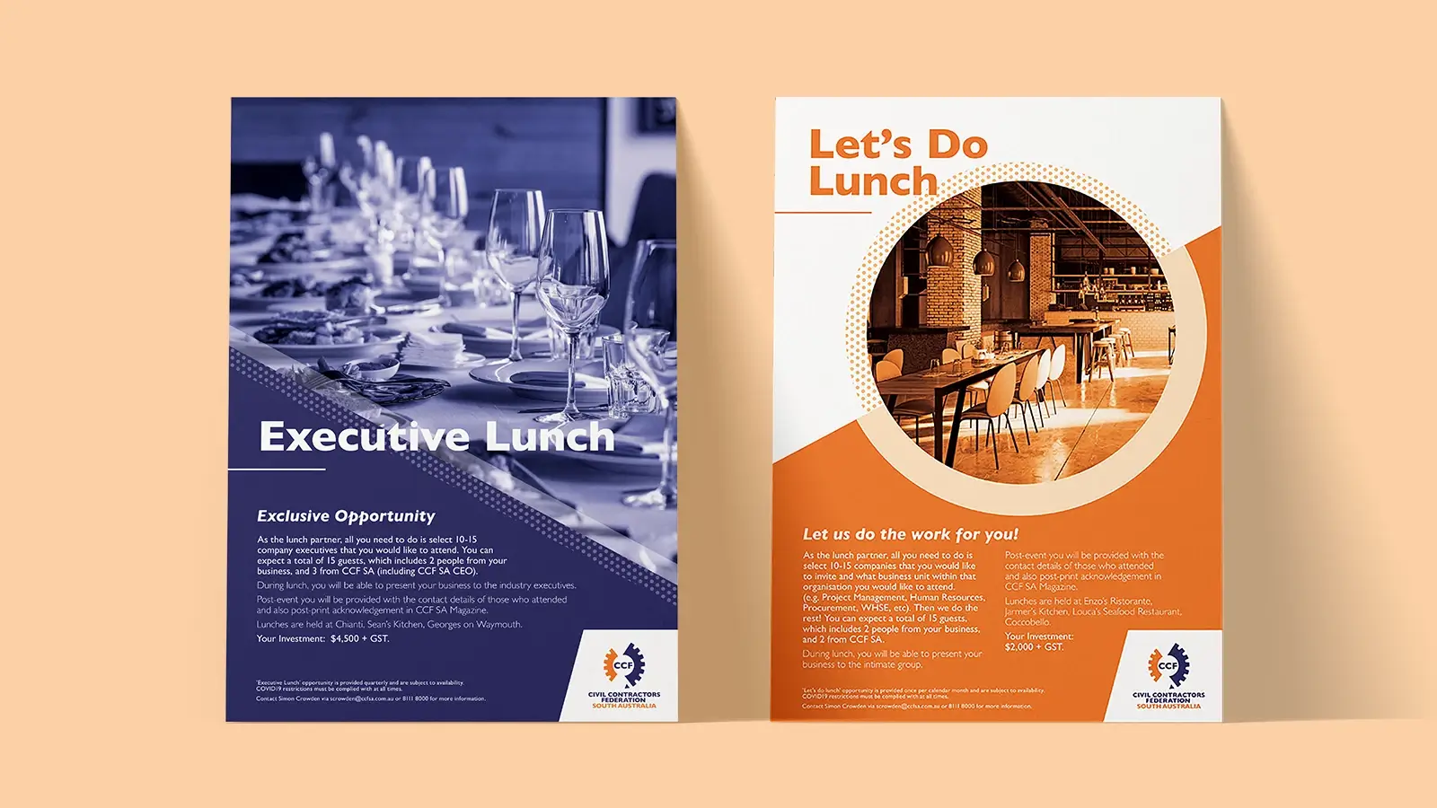 Two A5 flyers for lunch events in a graphic blue and orange style.