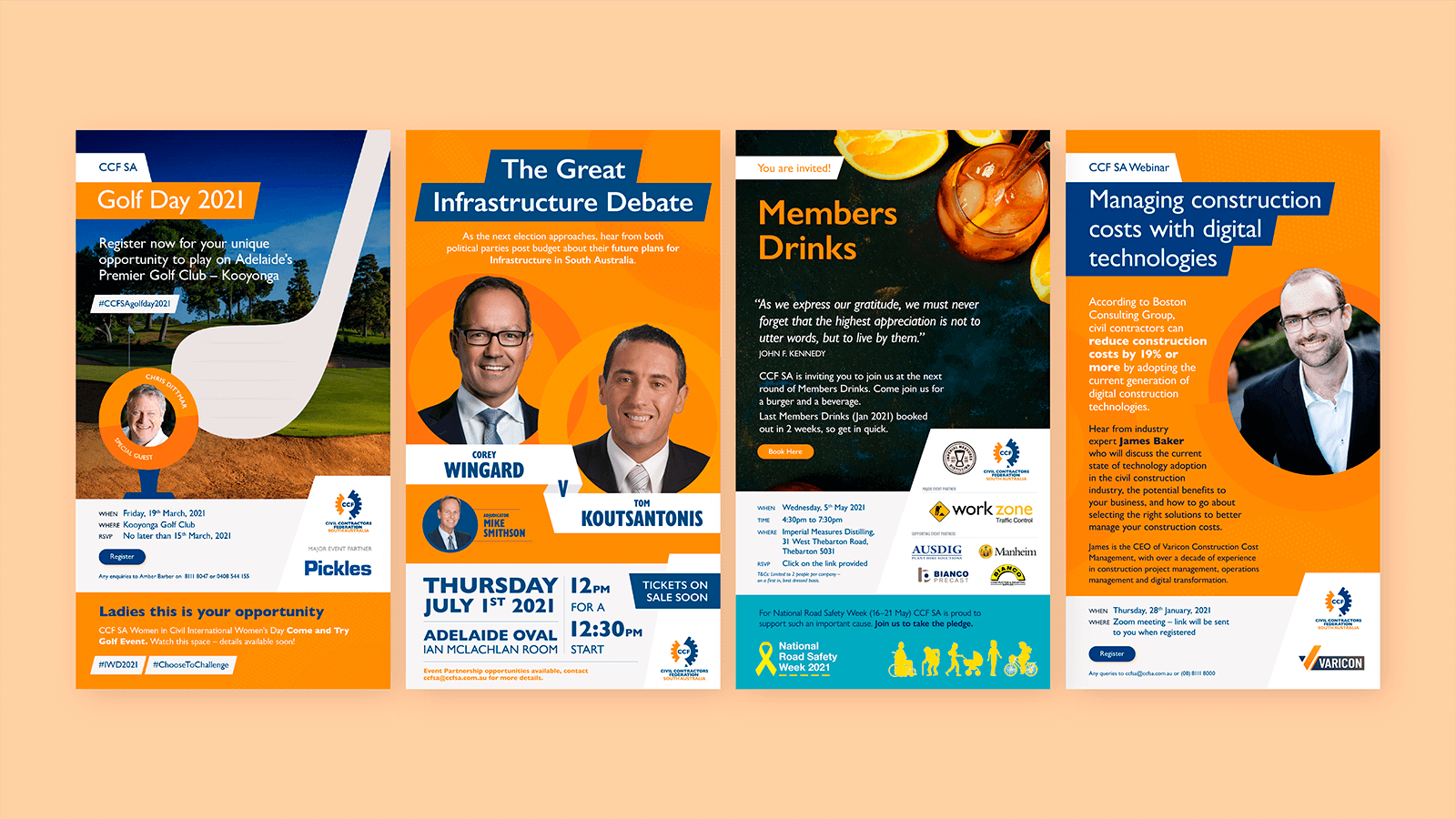 Email newsletter designs for electronic direct mail (EDM) marketing, depicting various events including a Golf Day, Great Infrastructure Debate, Members Drinks, and Managing Construction Costs with Digital Technologies.