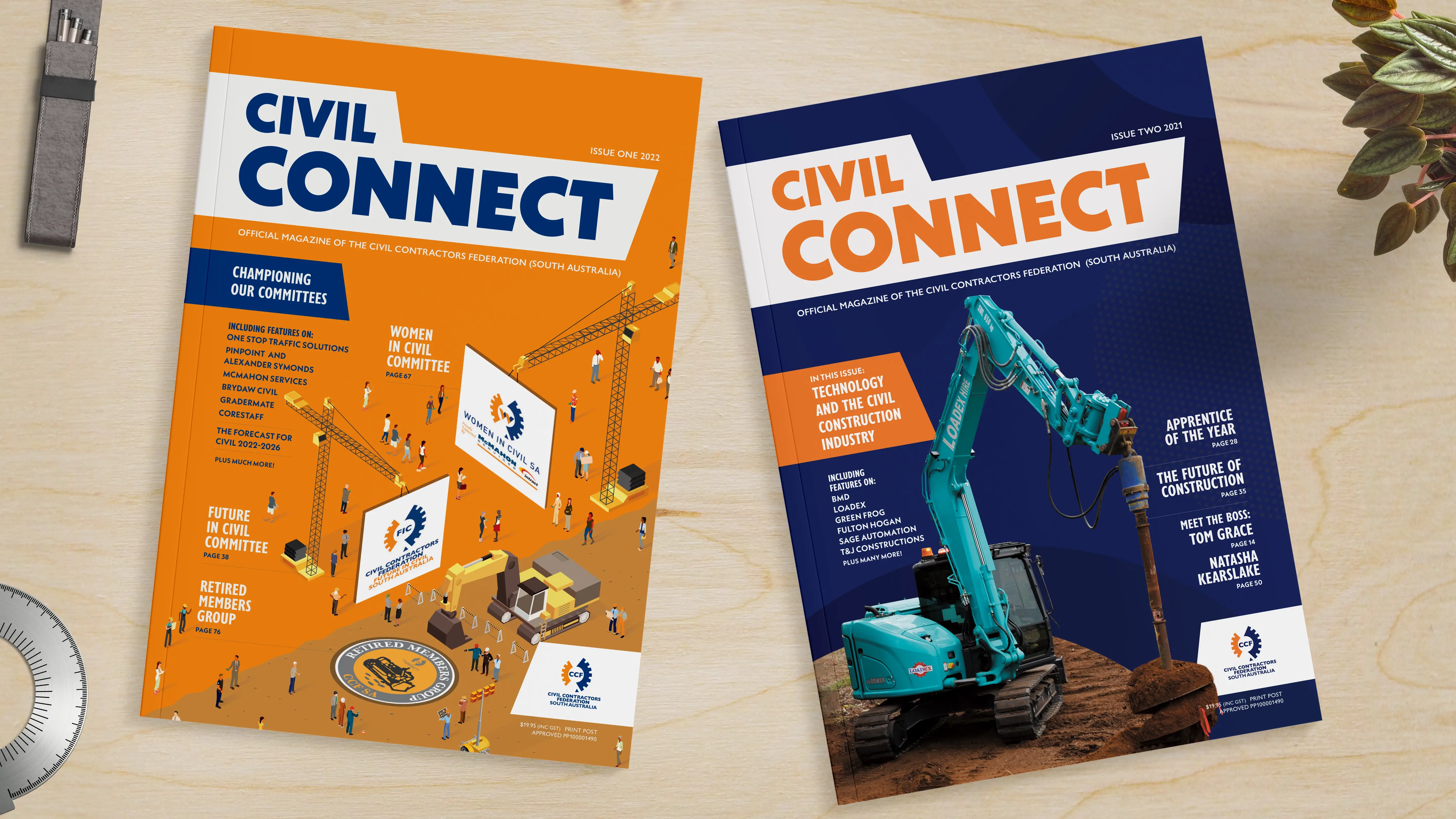Front cover of Issue 1 and 2 of Civil Connect, the CCF SA magazine. Two A4 magazine, perfect bound with bold covers using strong typography and colours.