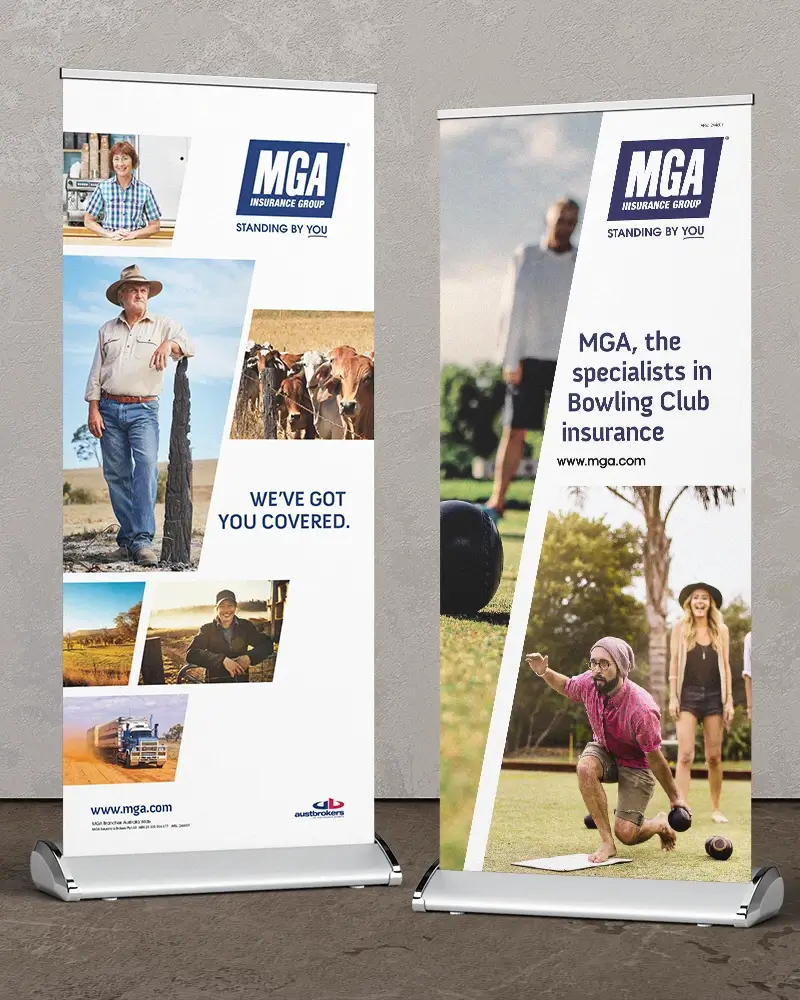 Pull up banners for MGA Insurance, two different angular designs.