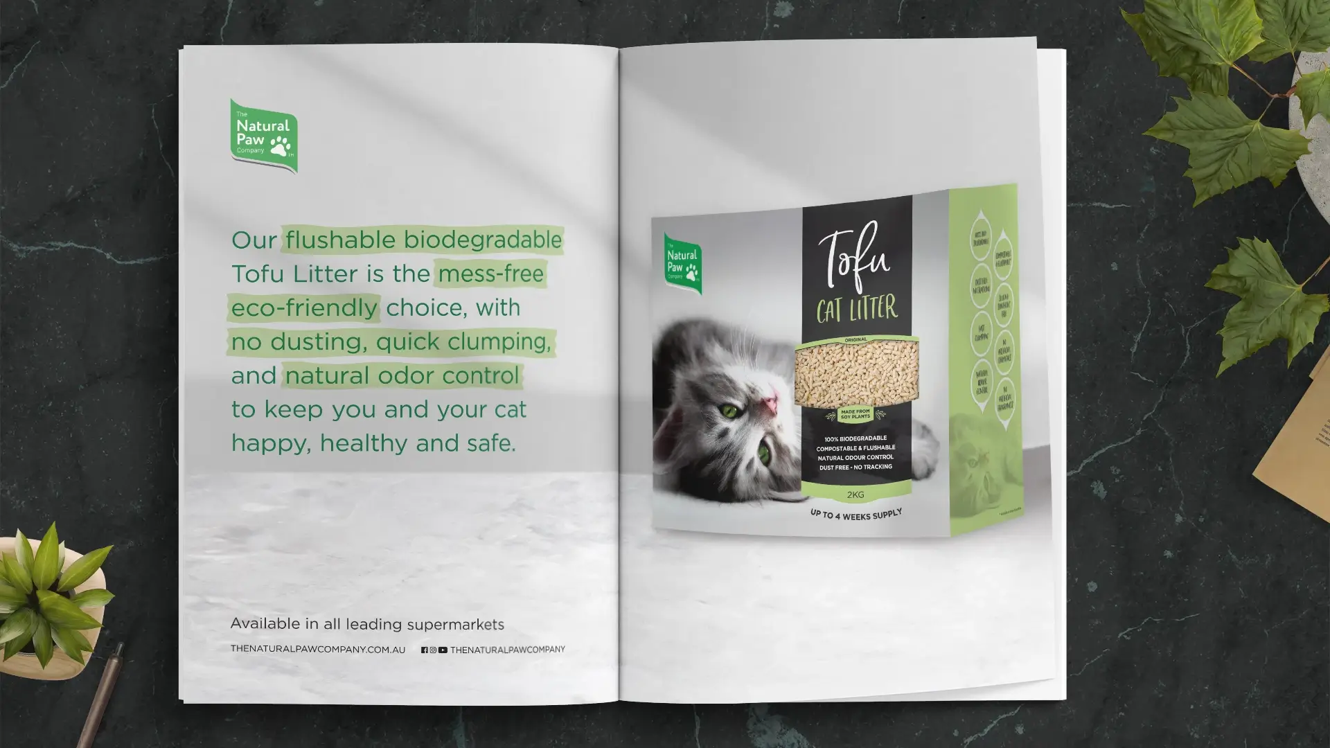 Full page magazine ad for The Natural Paw Company, promoting Tofu Cat Litter in Wellbeing Magazine.
